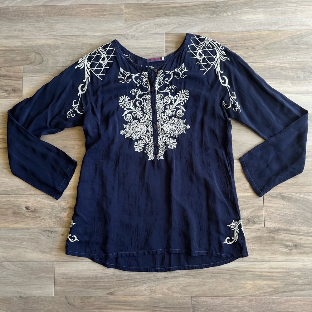 Johnny Was Navy Blue Embroidered Blouse - Picture 3 of 10